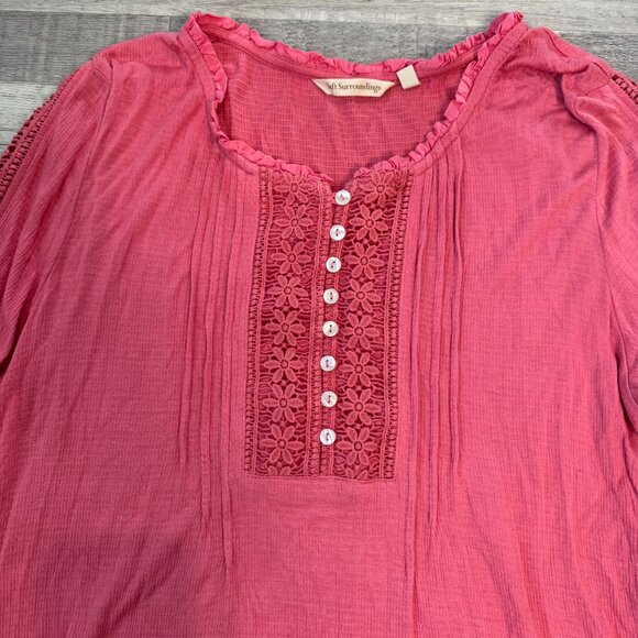 Soft Surroundings pink knit lace panel long sleeve tunic size medium O3 - Picture 3 of 10